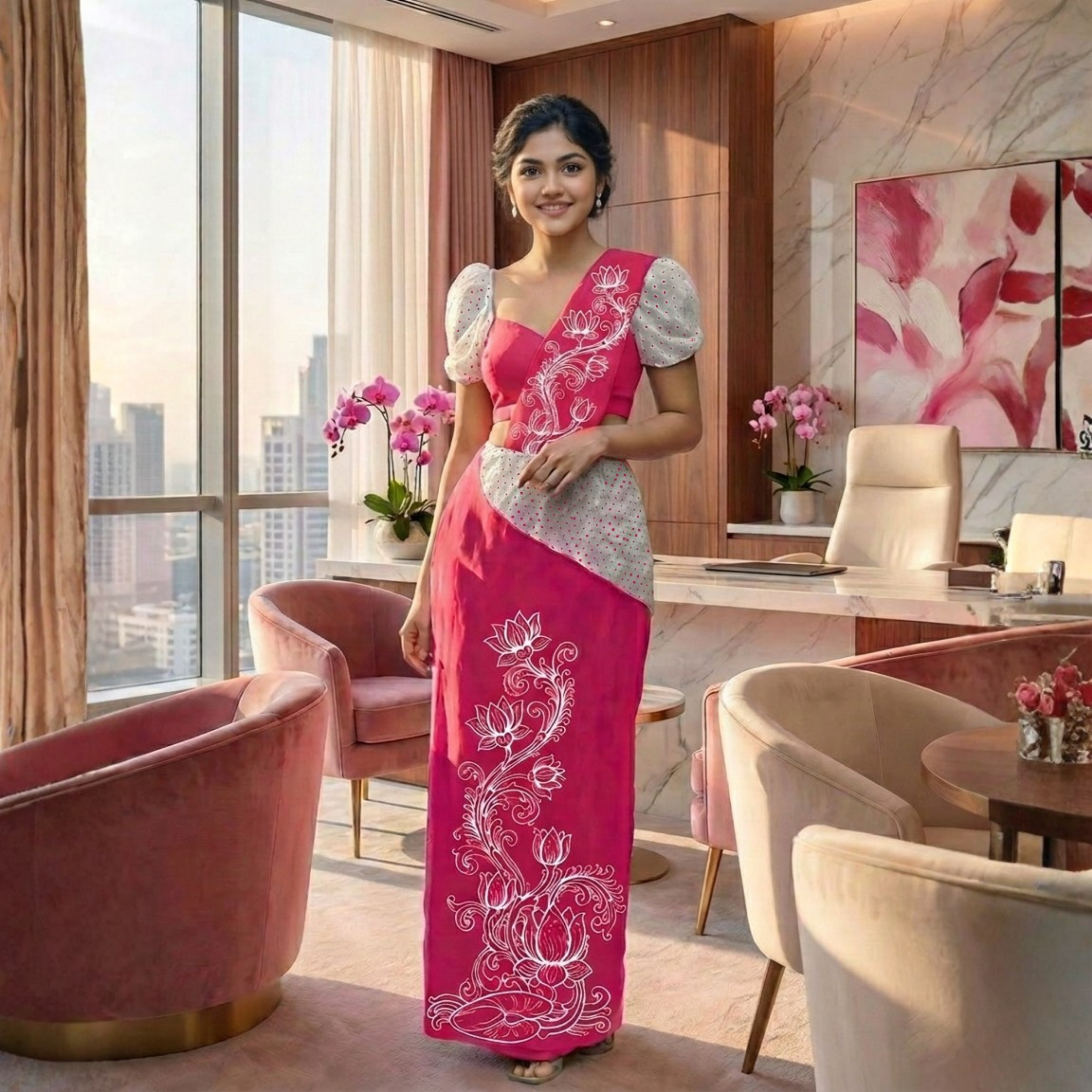 Lotus Naari osari in pink, hand-painted lotus design on cotton/voile