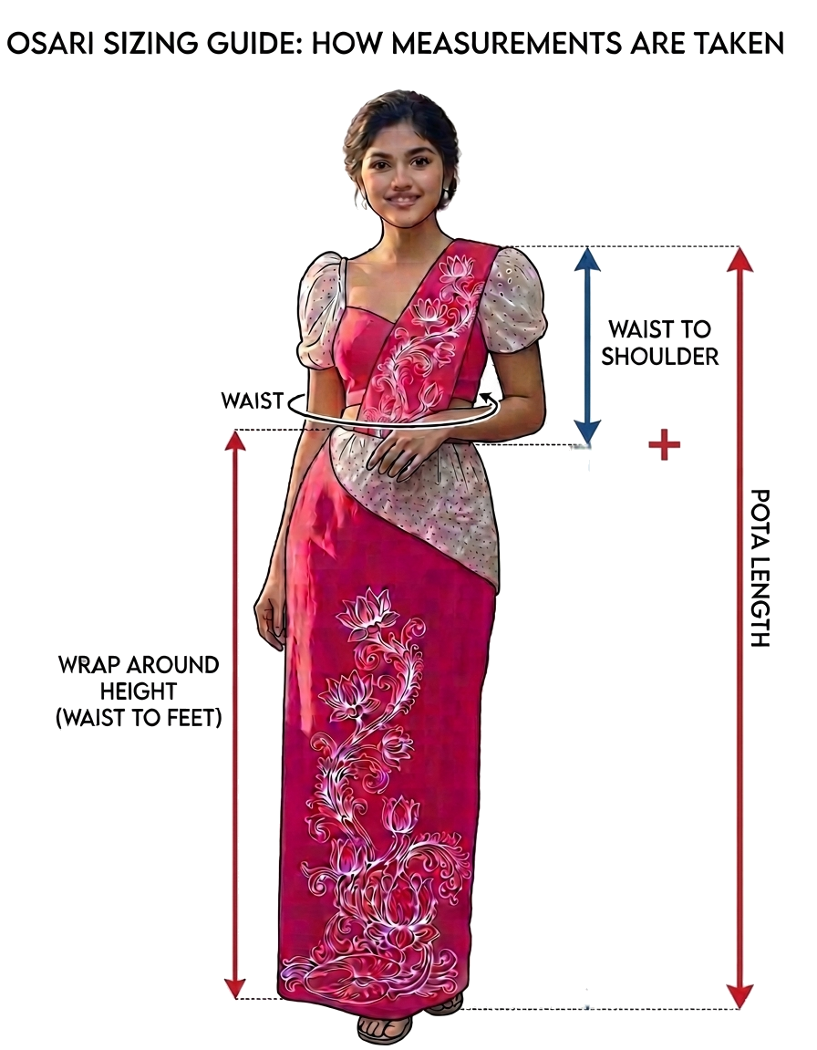Osari sizing guide showing waist, waist-to-shoulder, pota length and wrap-around height measurements